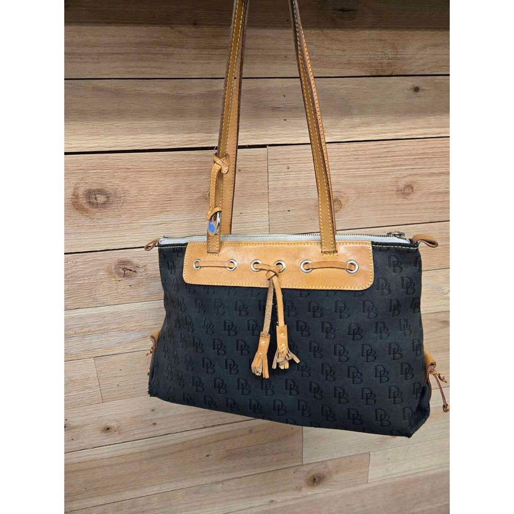 Dooney & Bourke Monogram Signature Black Canvas Tan Leather Shoulder Bag OS